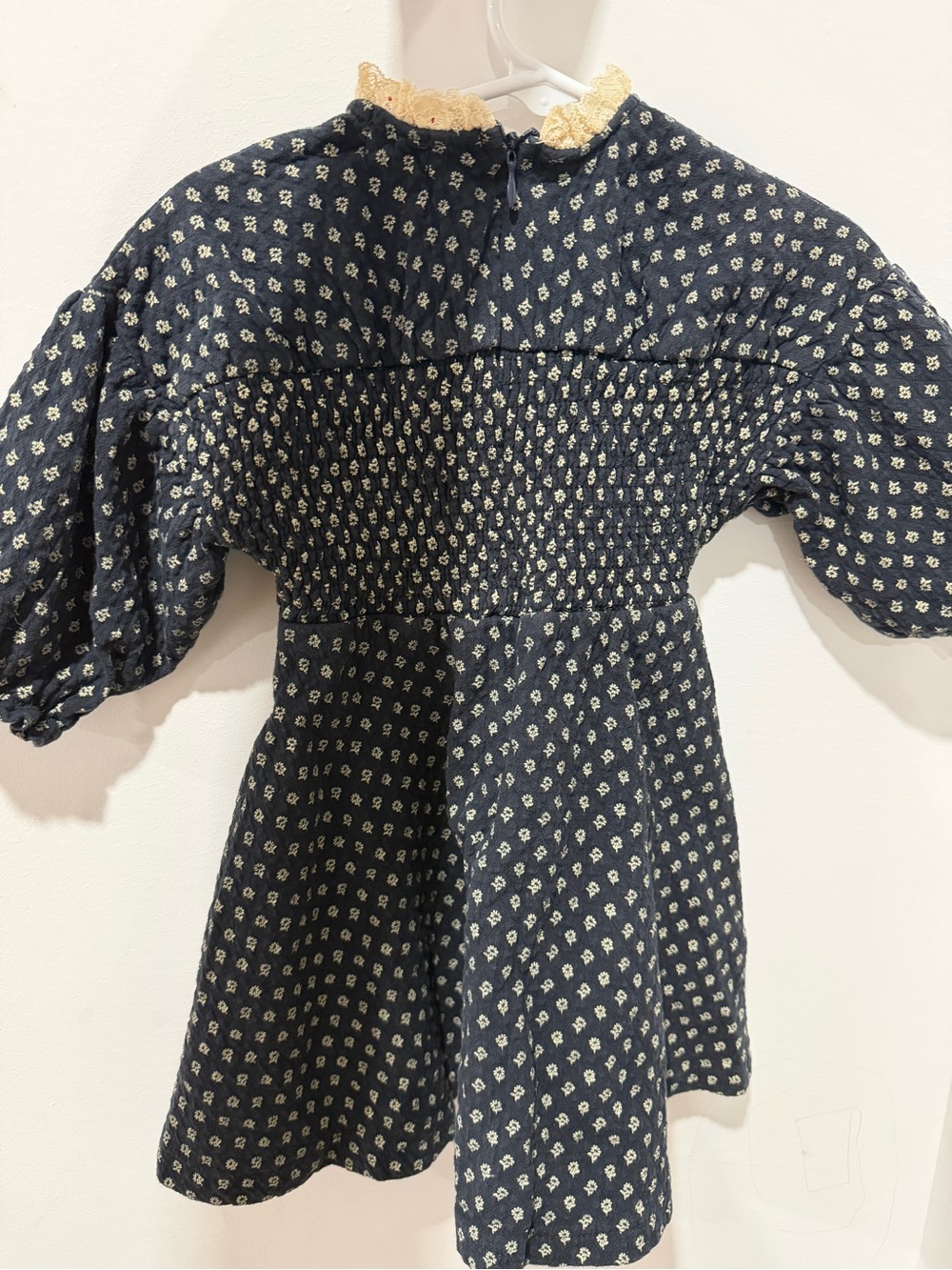 Girls' Navy Floral Smocked Dress with Lace Collar - Picture 3 of 4